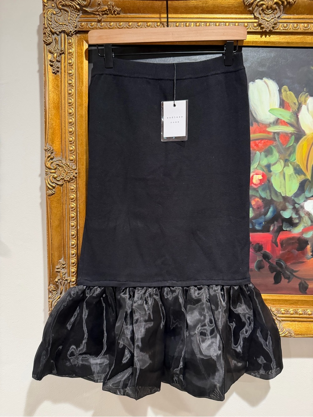 Endless Rose Black Midi Pencil Skirt with Organza Ruffle